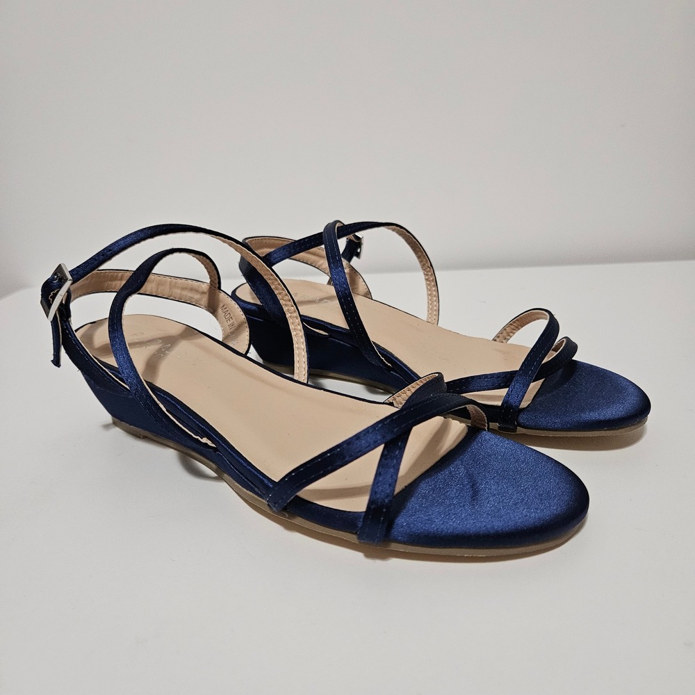J. Renee Low Wedge Sandals Womens Size 7 Navy Blue Satin Strappy Formal Event